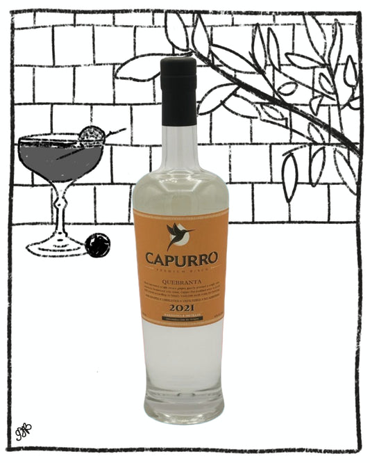 Bottle of Capurro liquor with a cocktail illustration in the background