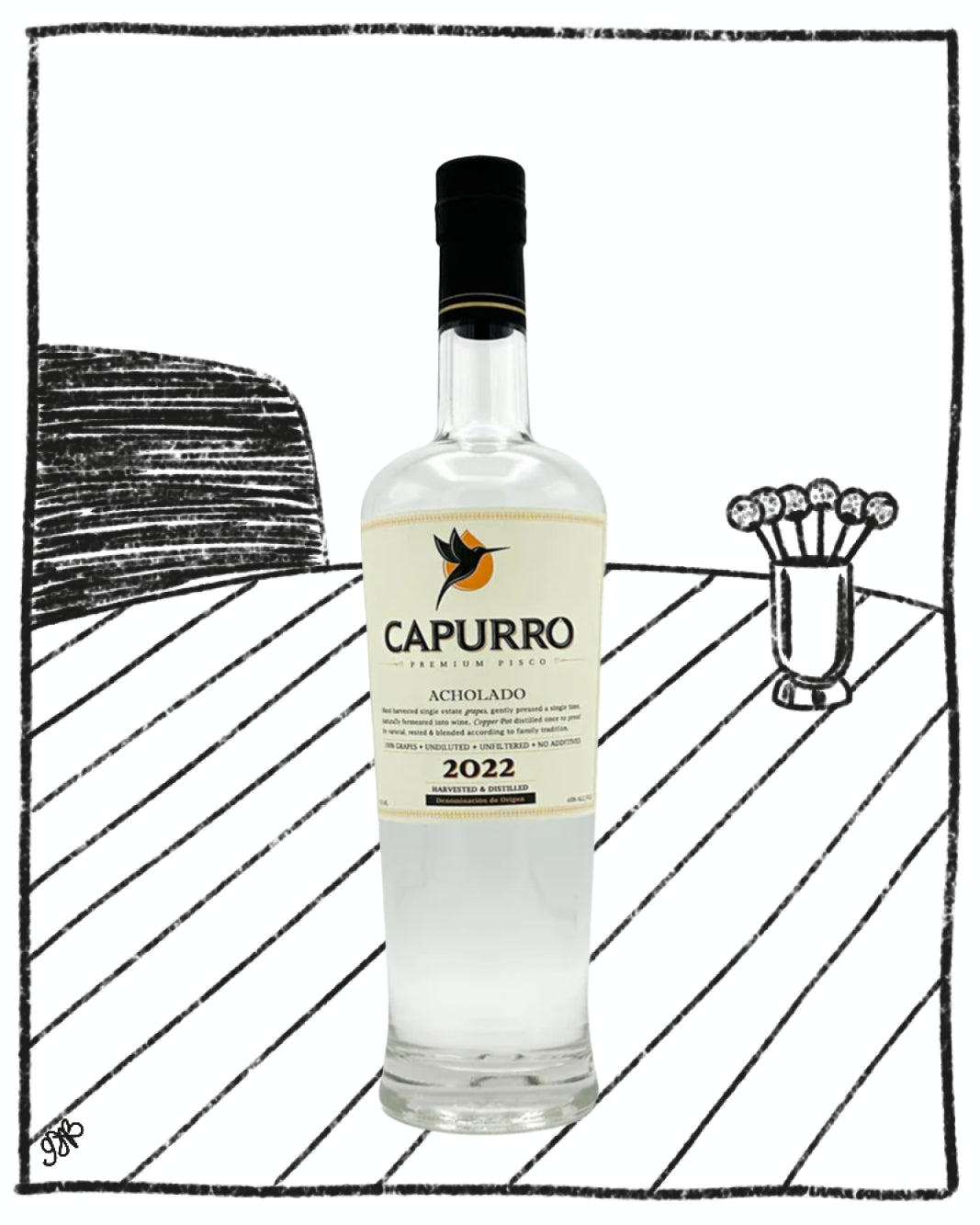 Capurro bottle on a black and white striped background