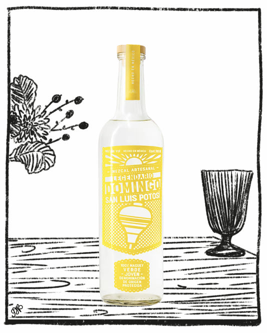 Bottle of San Luis PotosÃƒÂ³n tequila with a yellow label on a white background