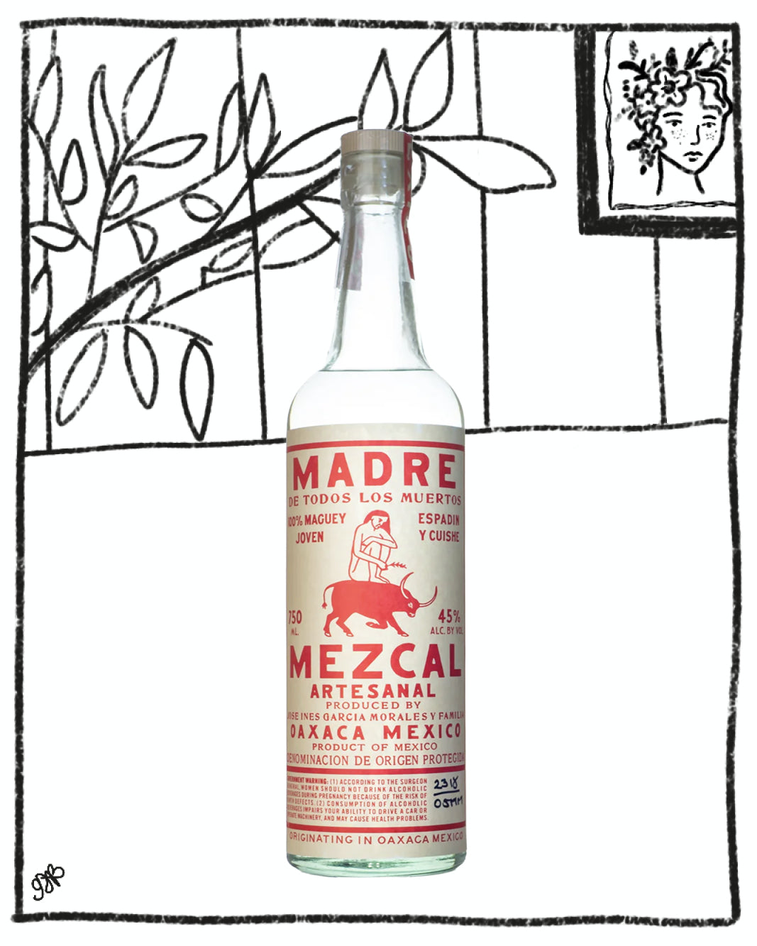Bottle of Madre Mezcal with decorative black line art in the background