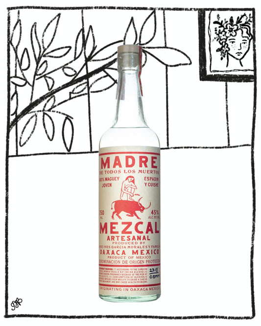 Bottle of Madre Mezcal with decorative black line art in the background
