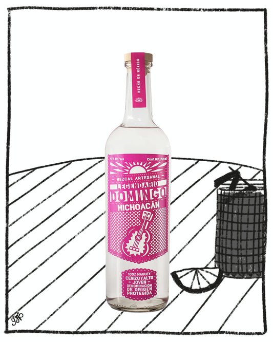 Bottle of Mezcal with pink label on a white background