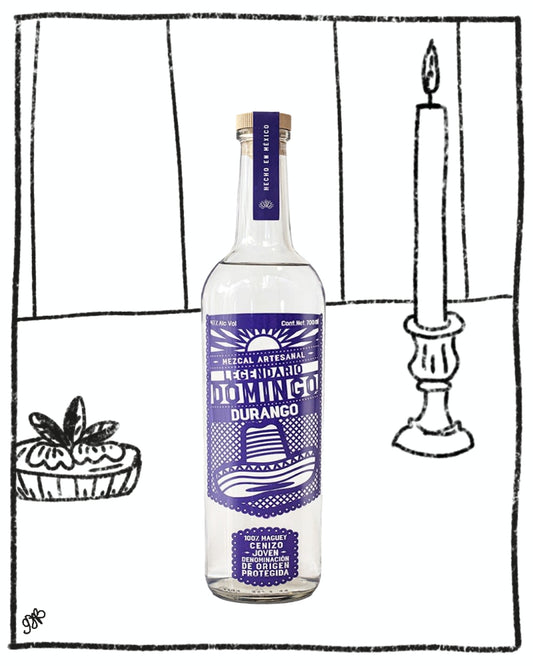 Bottle of Mezcal with purple label on a black and white illustrated background