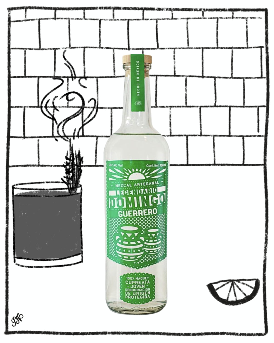 Bottle of Mescal with a green label on a white background