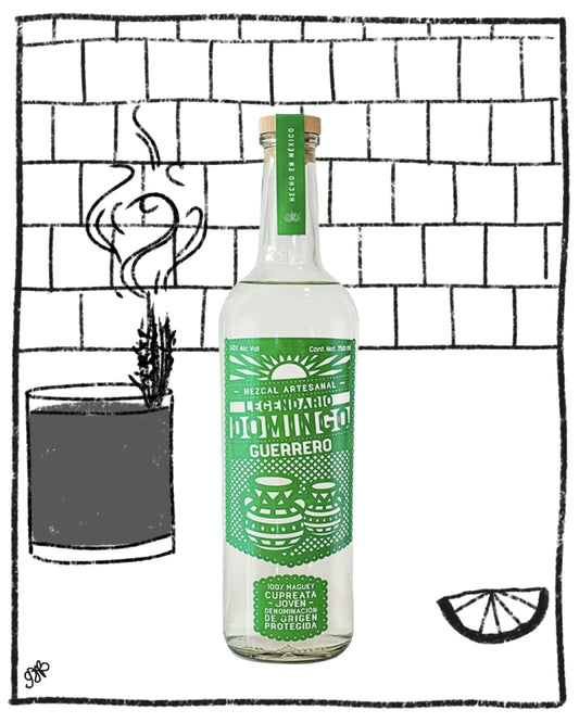 Bottle of Mescal with a green label on a white background