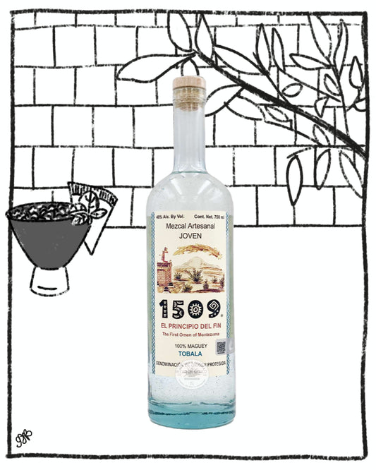 Bottle of Mezcal Artisanal Joven with a cocktail shaker and olives on a decorative background