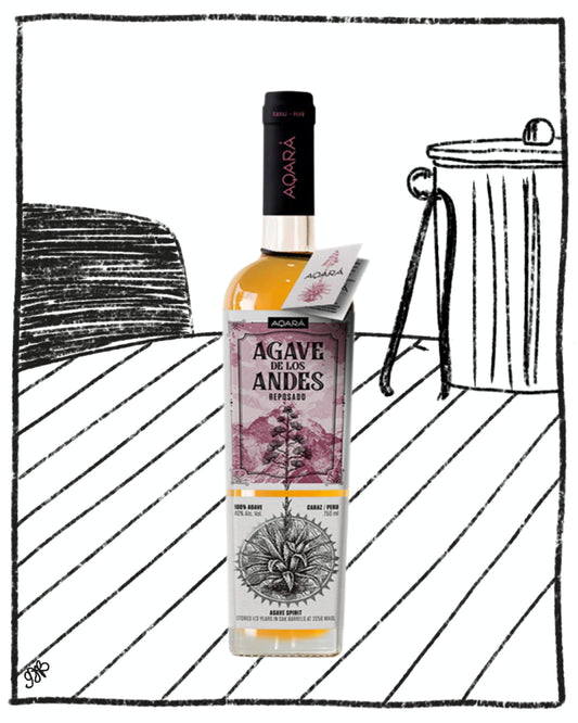 Bottle of Agave de los Andes Reposado tequila on a white background with black line art.