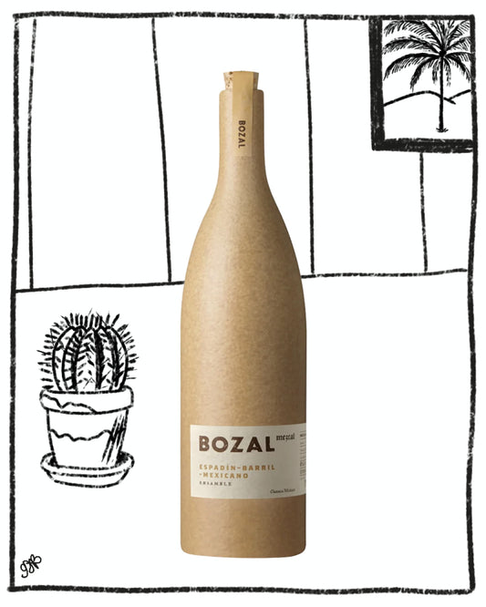 Brown bottle labeled 'Bozal' with a cactus illustration on a white background
