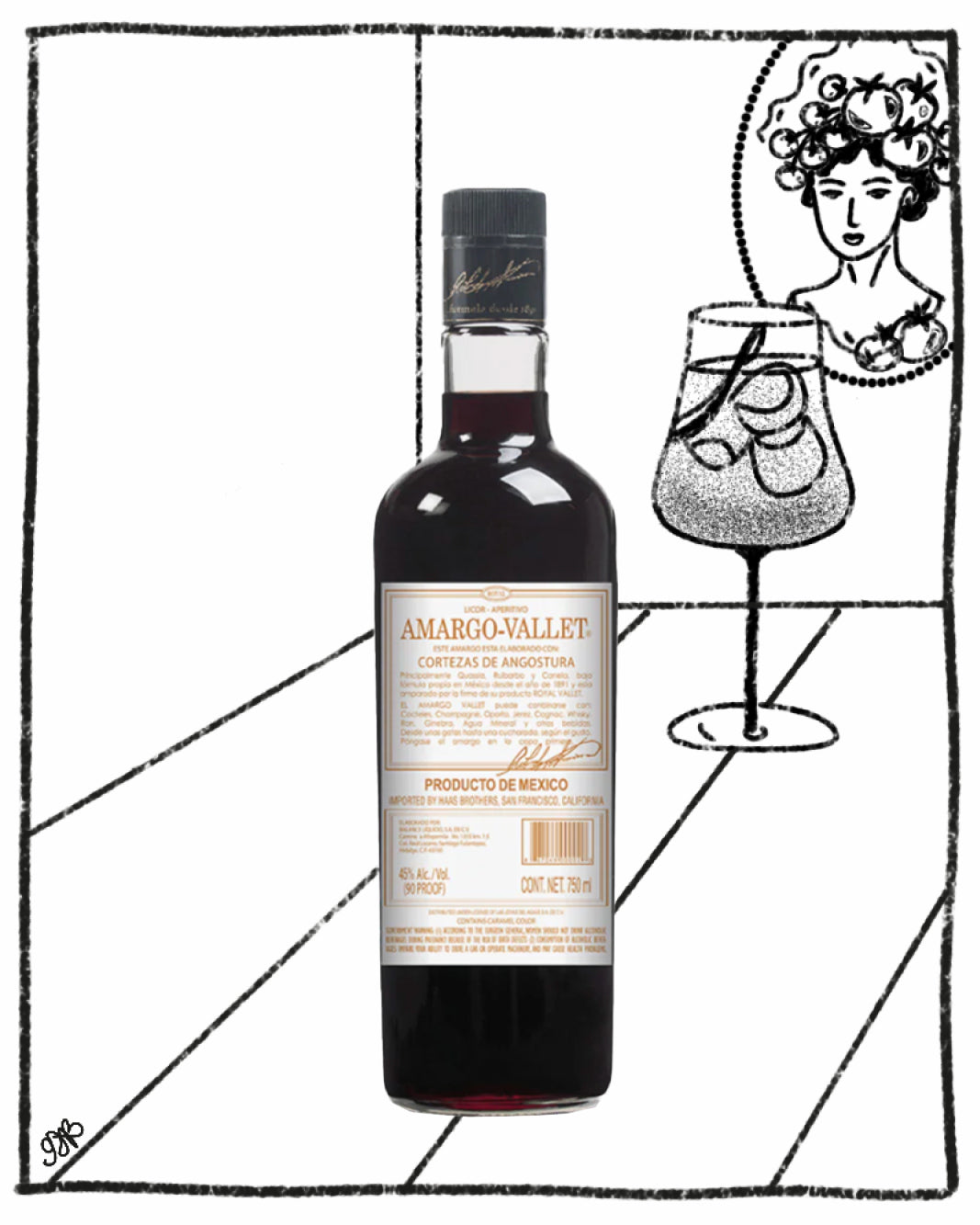 Bottle of Amargo Vallet with a label and illustration of a woman with a glass of wine.