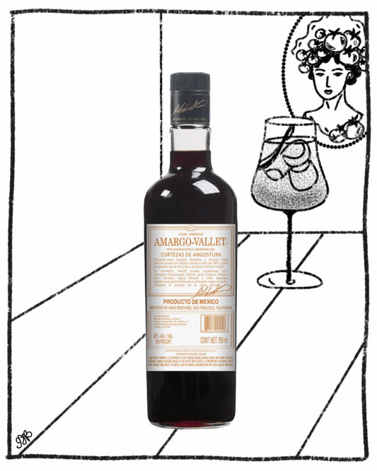 Bottle of Amargo Vallet with a label and illustration of a woman with a glass of wine.