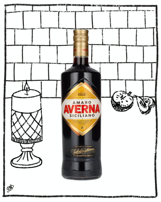Bottle of Averna Amaro Siciliano with a decorative background