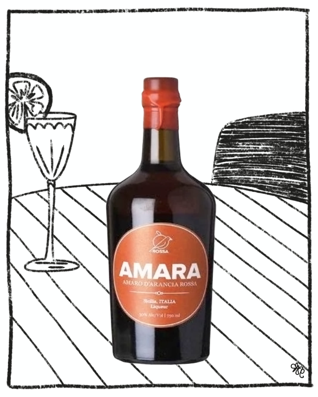 Bottle of Amara liquor with a red cap on a white background