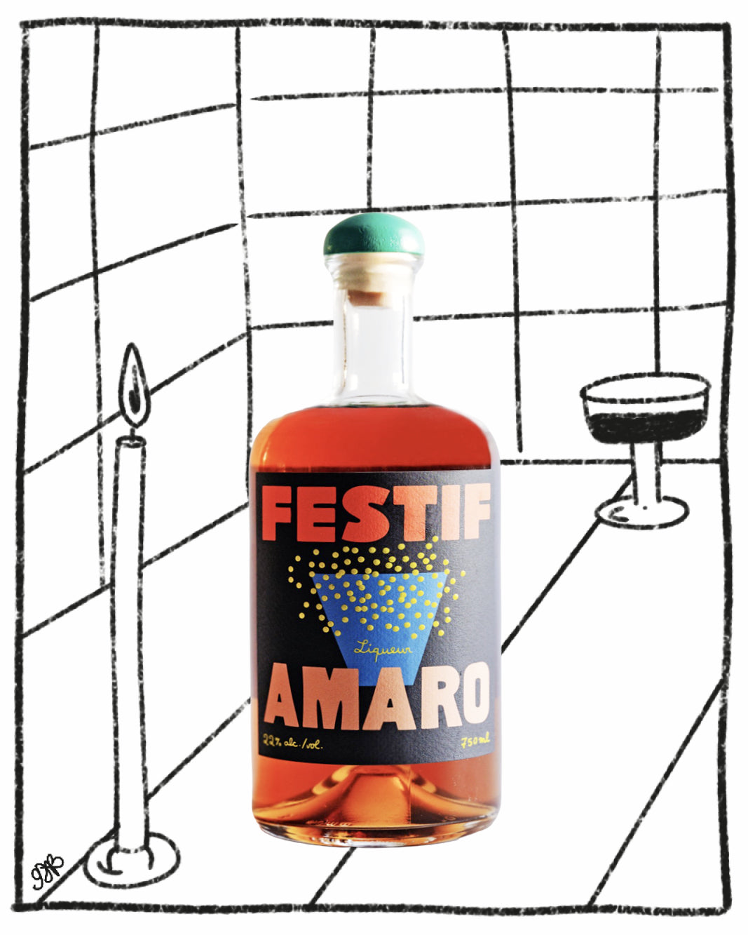 Bottle of Festif Amaro on a black and white illustrated background with a candle and glass.