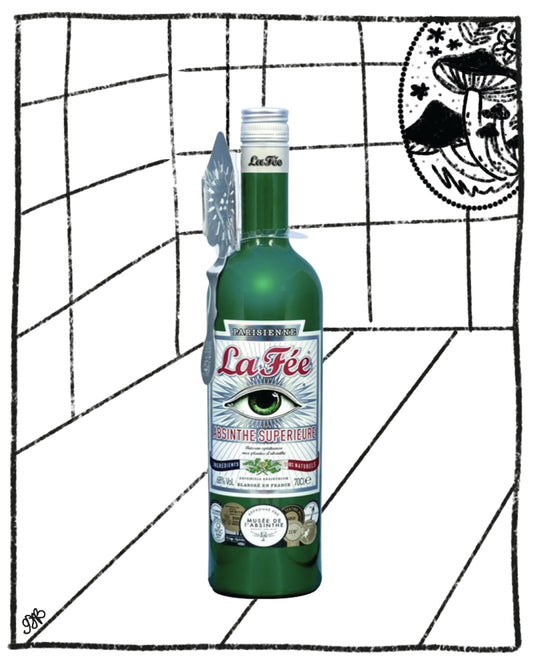 Green bottle with label 'La FÃƒÂ¨e' on a black and white grid background