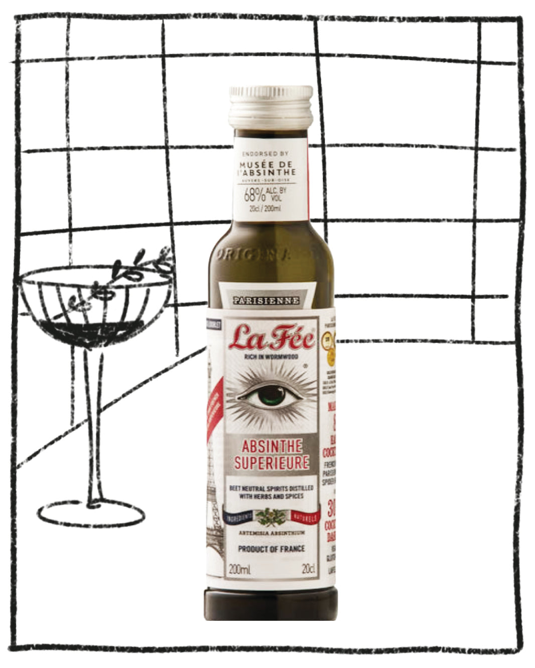 Bottle of La FÃƒÂ¨e Absinthe Superieure with a glass illustration in the background
