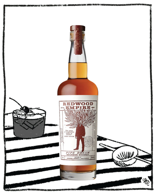 Bottle of Redwood Empire Pipe Dream Whiskey with a cocktail illustration on a white background