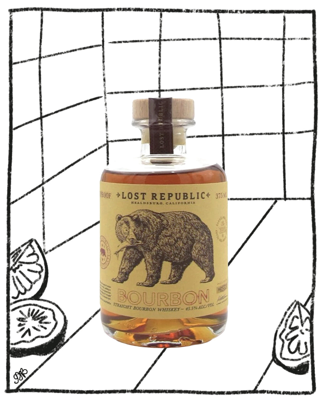 Bottle of Lost Republic Bourbon with a bear illustration on a grid background