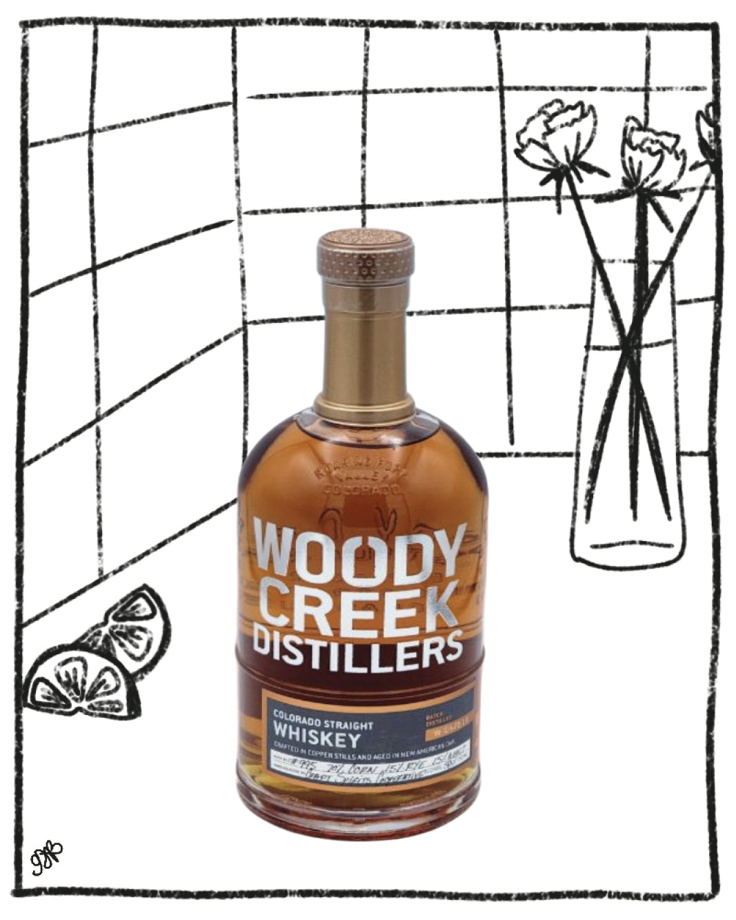 Bottle of Woody Creek Distillers whiskey with a decorative background