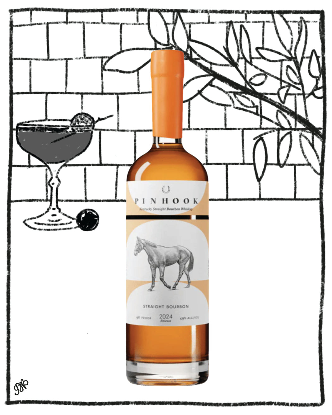Bottle of Pinhook bourbon with a cocktail illustration in the background