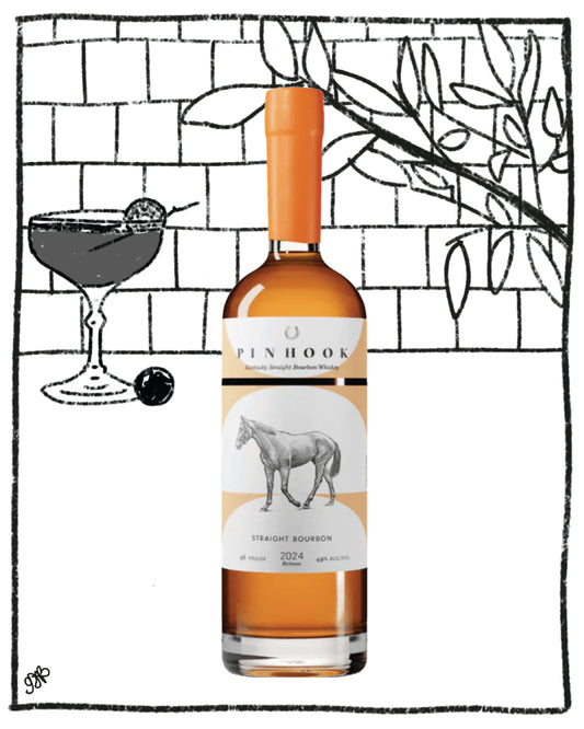 Bottle of Pinhook bourbon with a cocktail illustration in the background