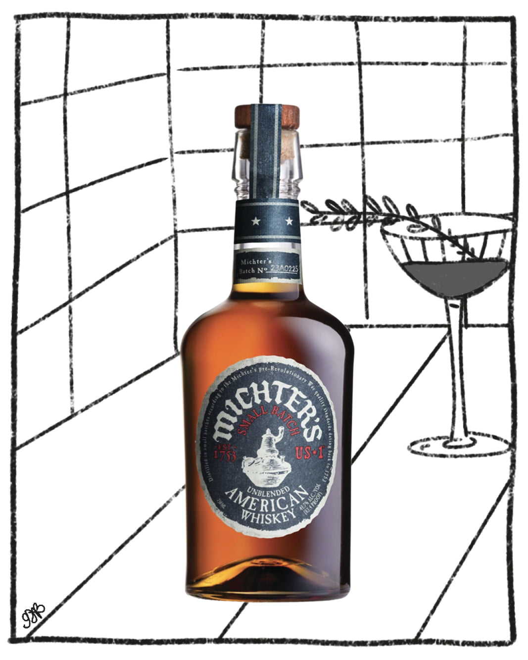 Bottle of Michter's American Whiskey with a martini glass on a geometric background