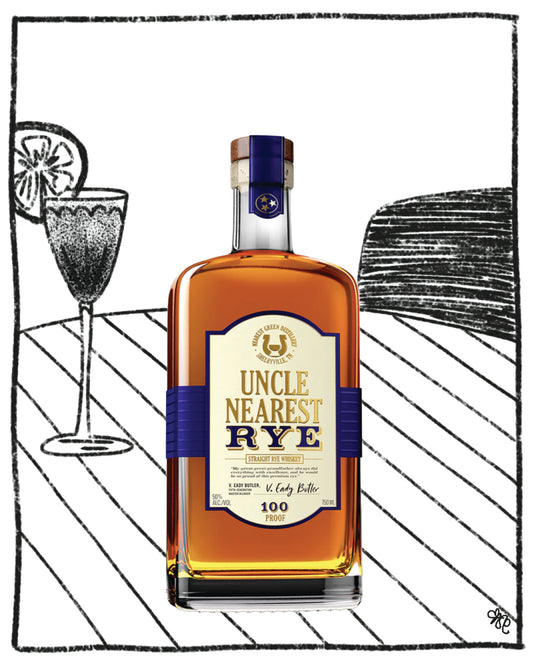 Uncle Nearest Rye whiskey bottle with a glass and lime wedge on a black and white background