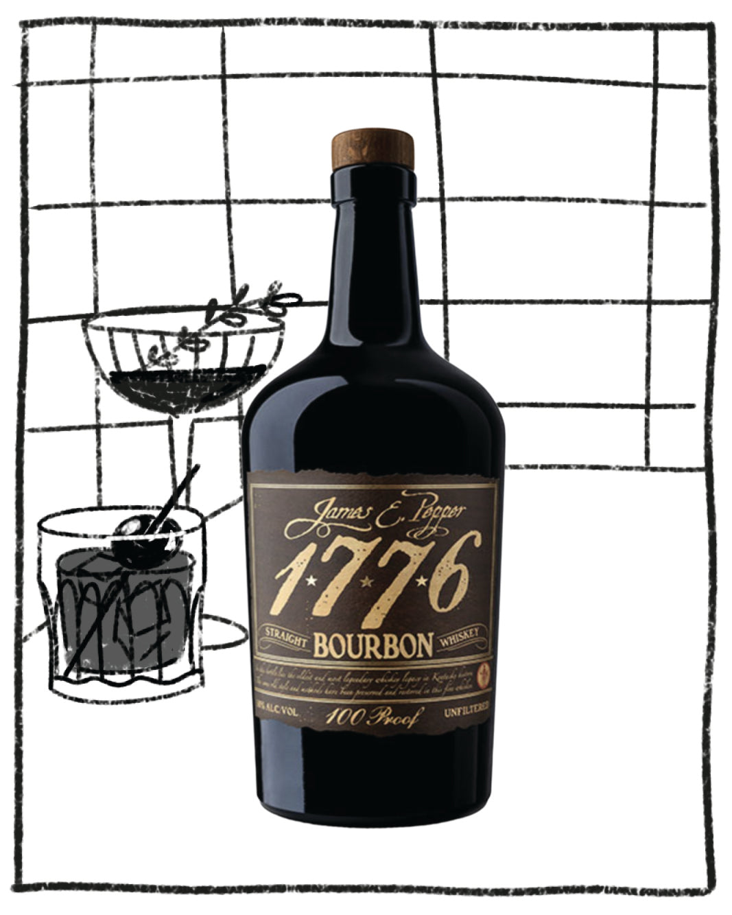 Bottle of James E. Pepper 1776 Bourbon Whiskey with cocktail illustrations in the background