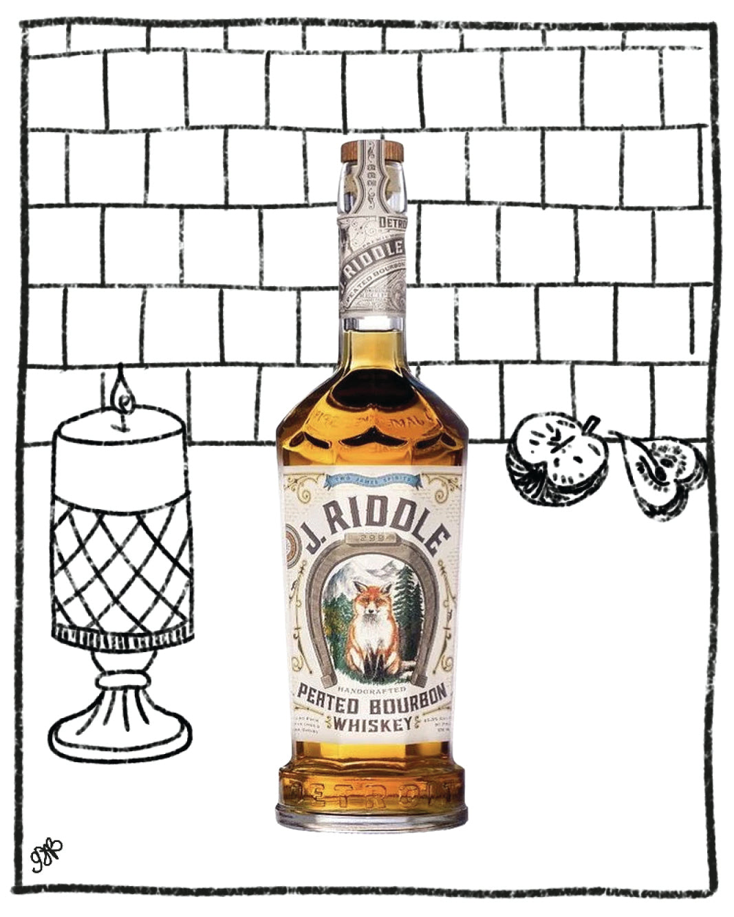 Bottle of J. Riddle Peated Bourbon Whiskey with a decorative background