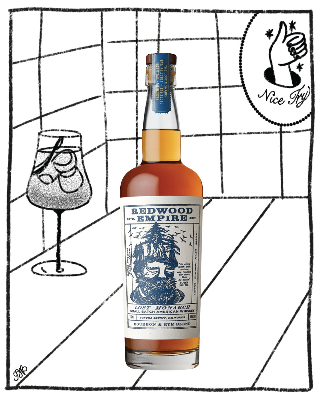 Bottle of Redwood Empire whiskey with a label on a grid background