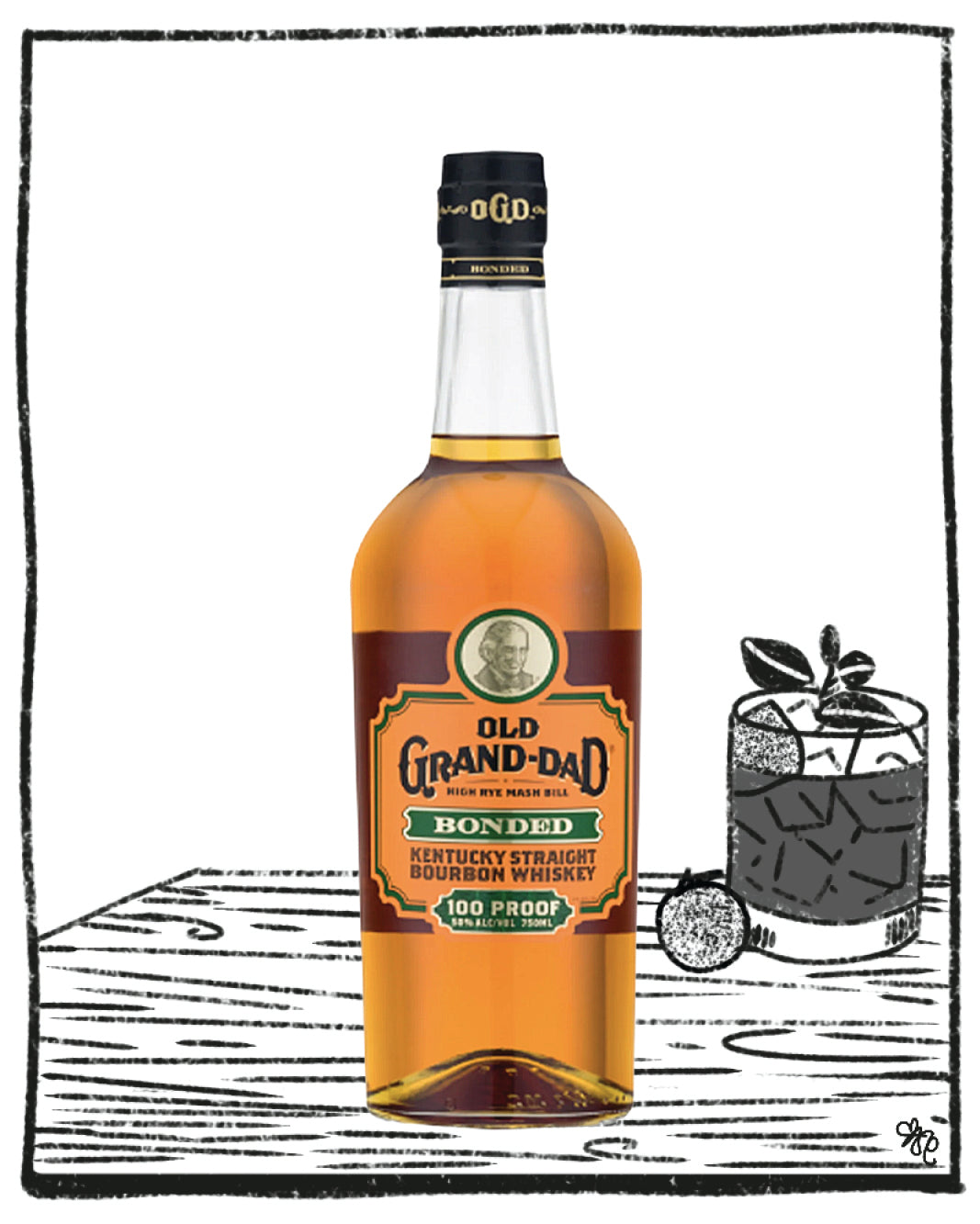 Old Grand-Dad bourbon bottle on a white background with a small illustration of a cocktail.