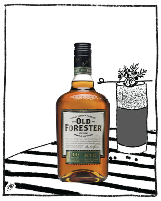 Old Forester whiskey bottle with a glass of ice and garnish on a black and white striped background