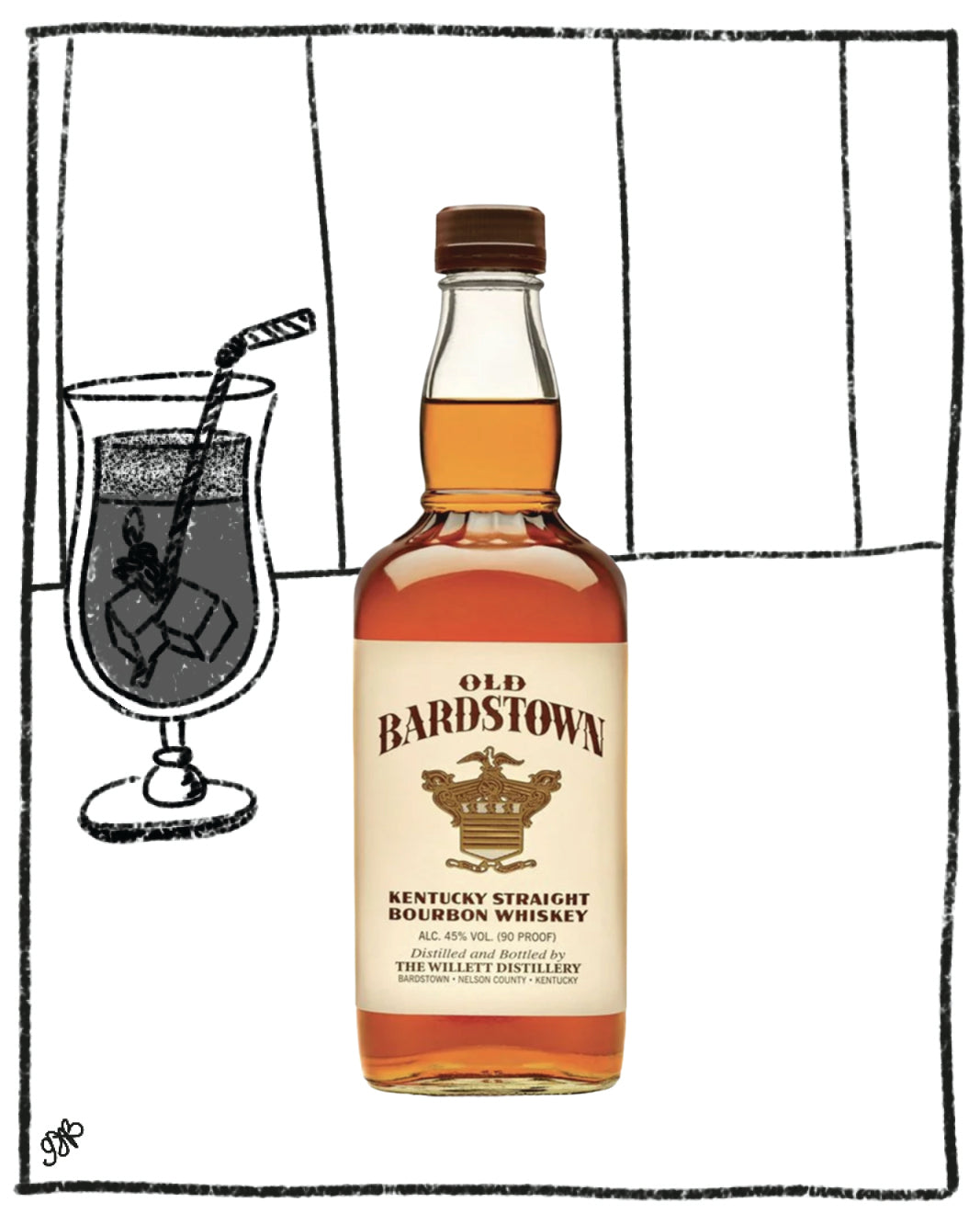 Bottle of Old Bardstown bourbon with a glass of dark liquid on a white background