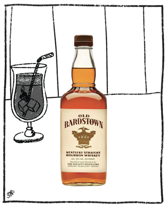 Bottle of Old Bardstown bourbon with a glass of dark liquid on a white background