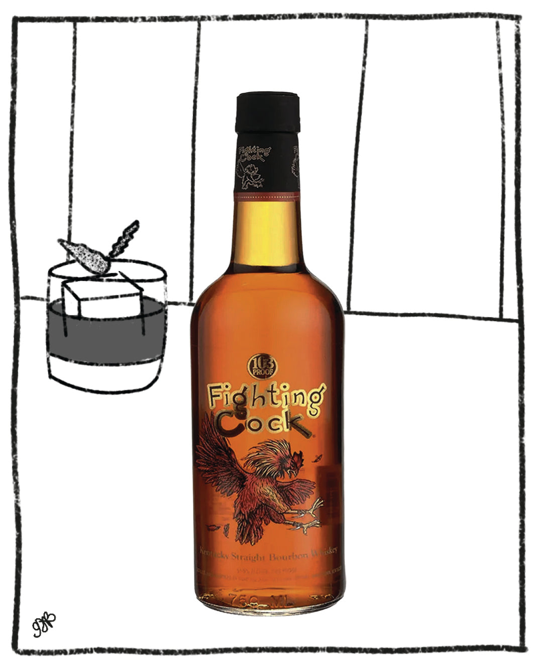 Bottle of Fighting Cock whiskey with a glass of water on a white background