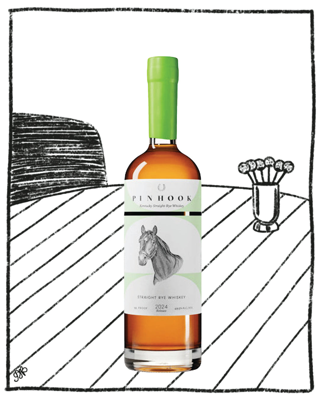 Bottle of Pinhook whiskey with a green cap on a white background