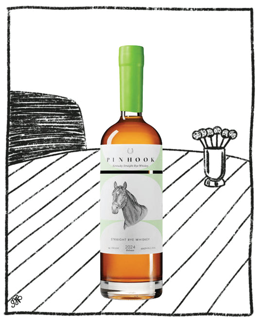 Bottle of Pinhook whiskey with a green cap on a white background