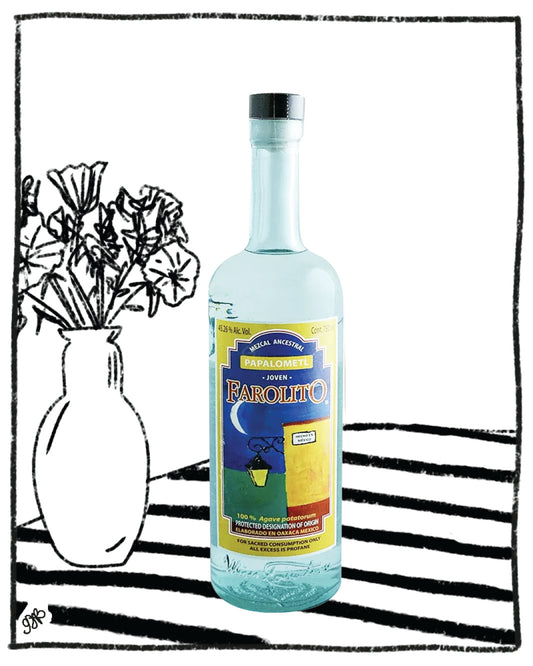 Bottle of Farolito tequila with a vase of flowers and striped background