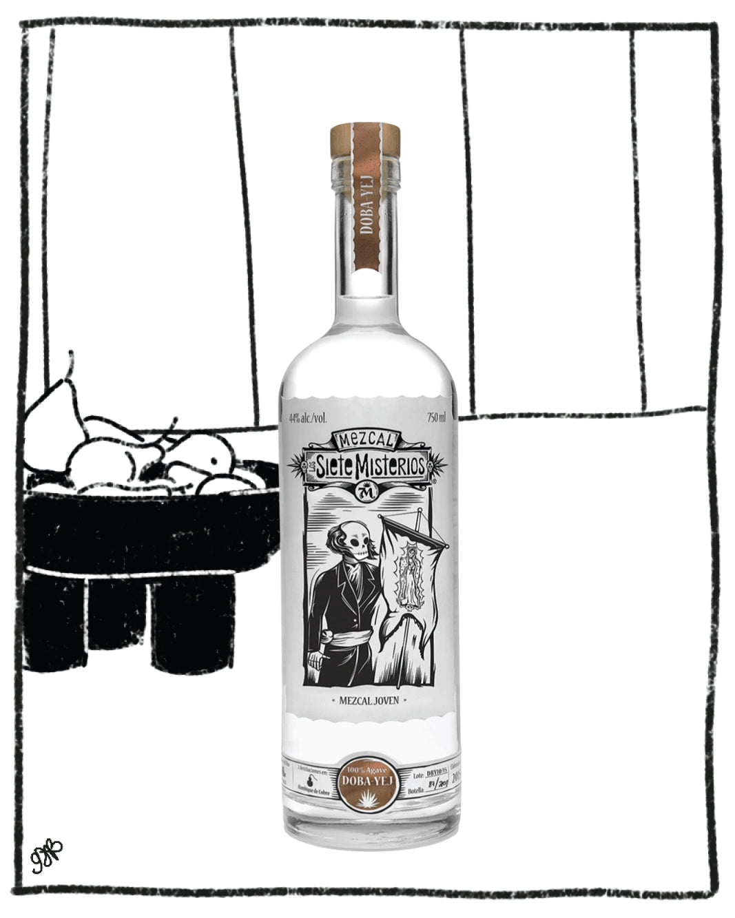 Bottle of Mezcal Oaxaca Misterios with a black and white illustration on the label against a minimalistic background.