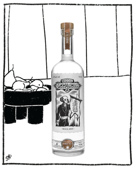 Bottle of Mezcal Oaxaca Misterios with a black and white illustration on the label against a minimalistic background.