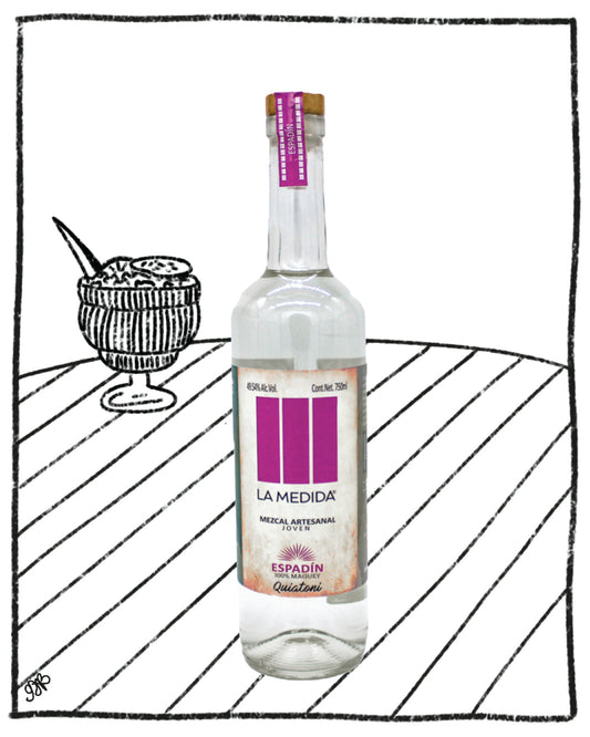 Bottle of La Medida Espadin mezcal with a drawing of a cocktail on a white background