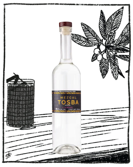 Bottle of Mezcal Tosba with a black and white illustration style background