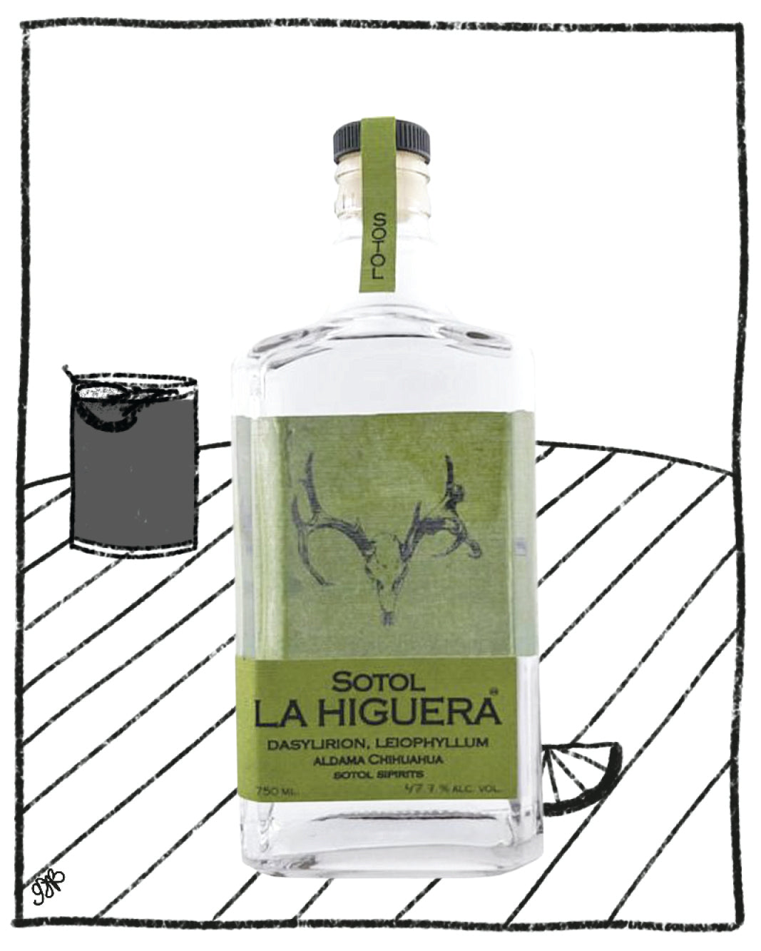 Sotol La Higuera bottle with green label on a white background