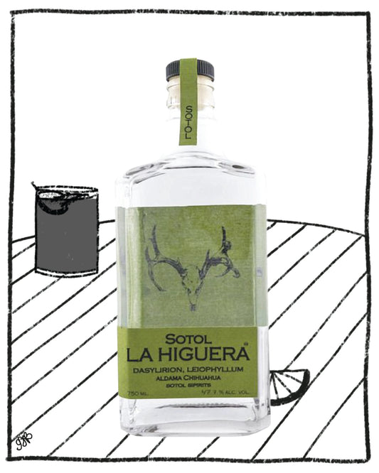 Sotol La Higuera bottle with green label on a white background