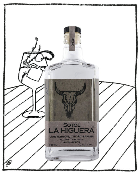 Sotol La Higuera bottle with a black and white illustration of a cocktail glass and skull.