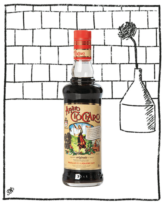 Bottle of Amaro Cioccaro against a tiled wall background
