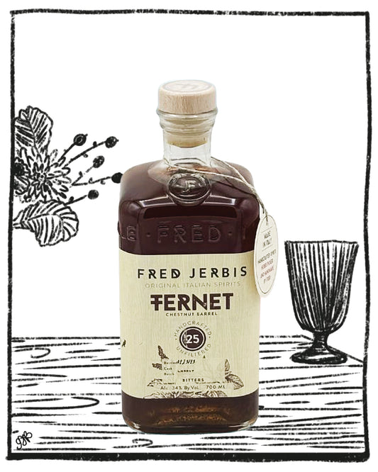 Bottle of Fernet-Fred Jerbis on a white background with black illustrations