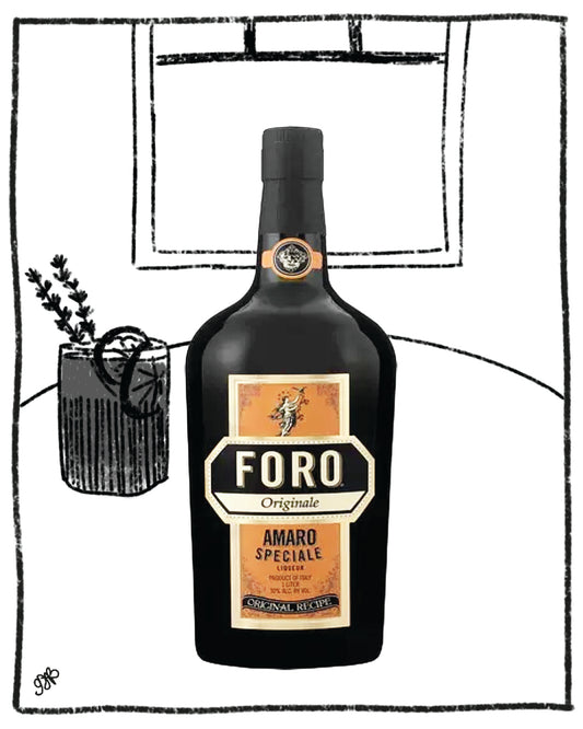 Black bottle of Foro Amaro Speciale with a decorative background