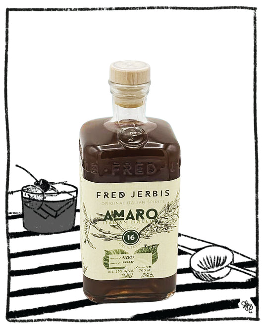 Bottle of Fred Jerbis Amaro on a white background