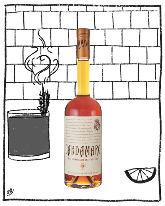 Bottle of Cardamaro with a glass and lemon slice on a tiled background