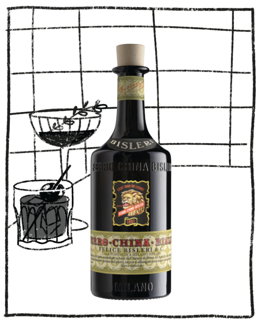 Bottle of Bisleri Negroni with cocktail illustrations on a grid background
